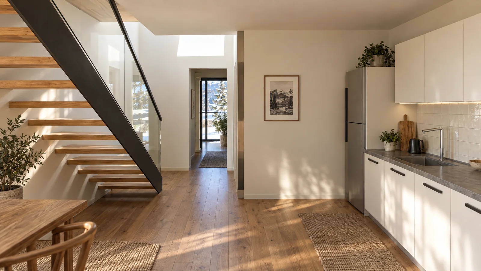 Cocina integrada al estar, junto a la escalera abierta con baranda de vidrio y luz cenital.