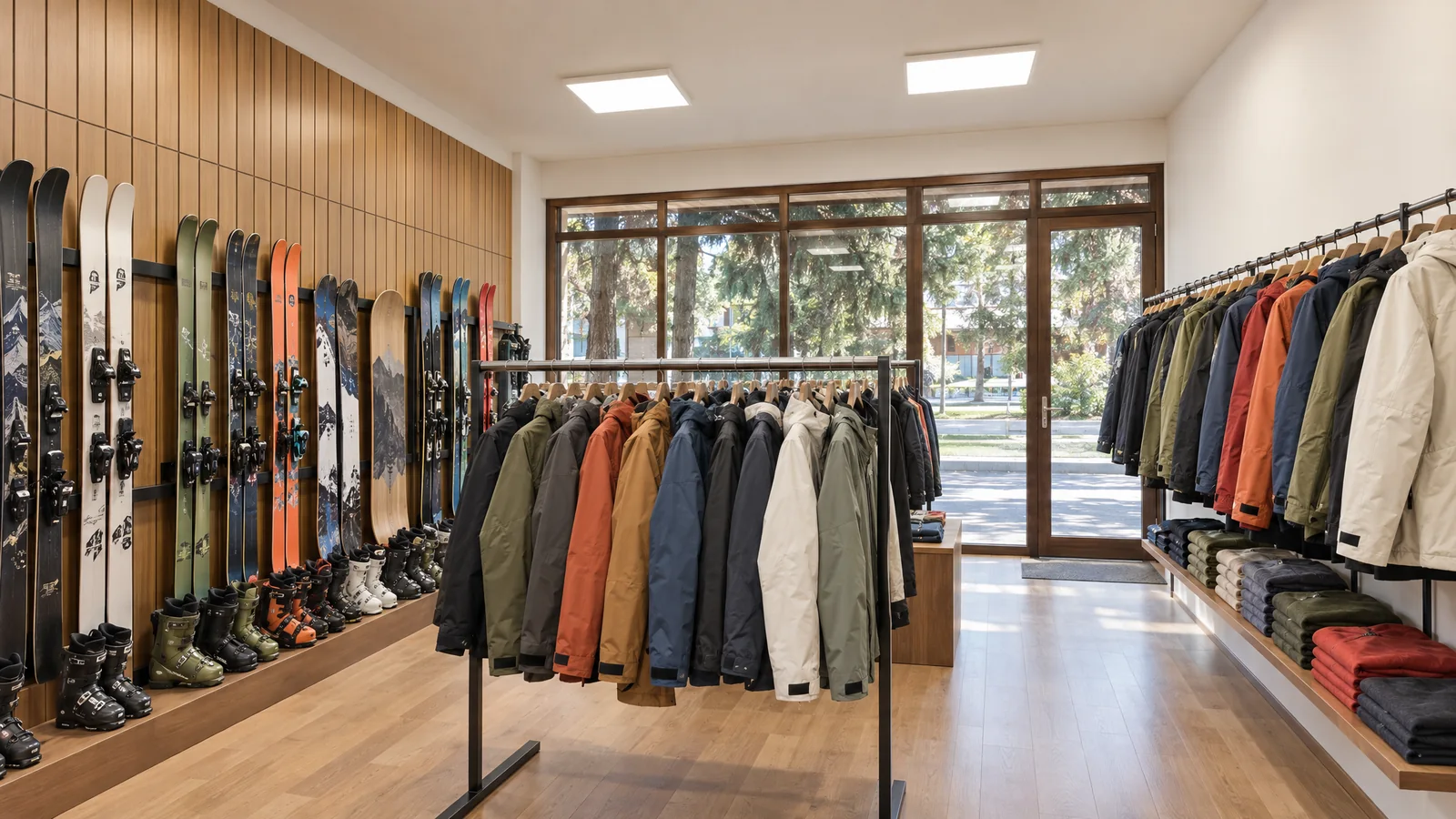 Interior de un local comercial con camperas y esquíes, amueblado como ejemplo de uso.