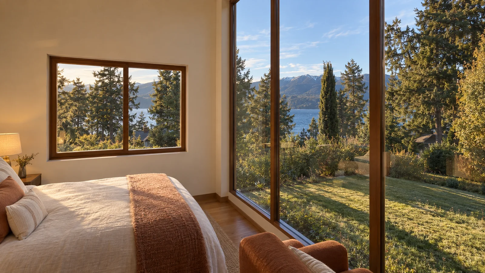 Render del dormitorio: la cama junto al ventanal, con el patio, los árboles y el lago al fondo.
